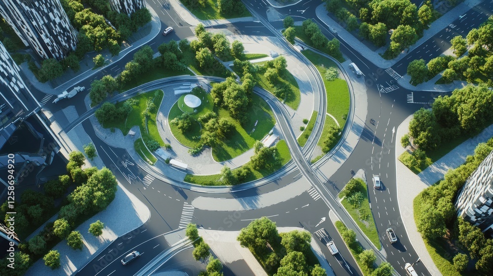 Aerial View of a Modern City Intersection with Green Spaces and Architecture Aerial View of a Modern City Intersection with Green Spaces and Architecture