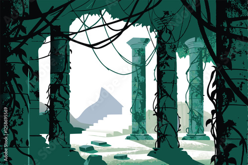 Create a detailed illustration of weathered ancient stone ruins, focusing on a majestic, partially collapsed pillar, overgrown with ivy.  Show intricate stonework details and a sense of age.