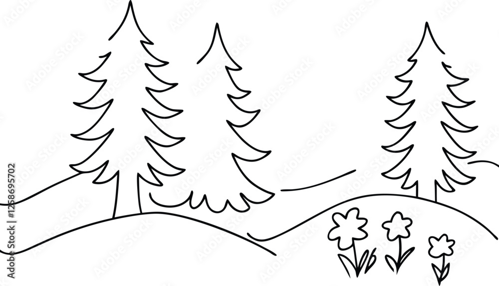 Fototapeta premium Simple Line Drawing of Evergreen Trees and Spring Flowers