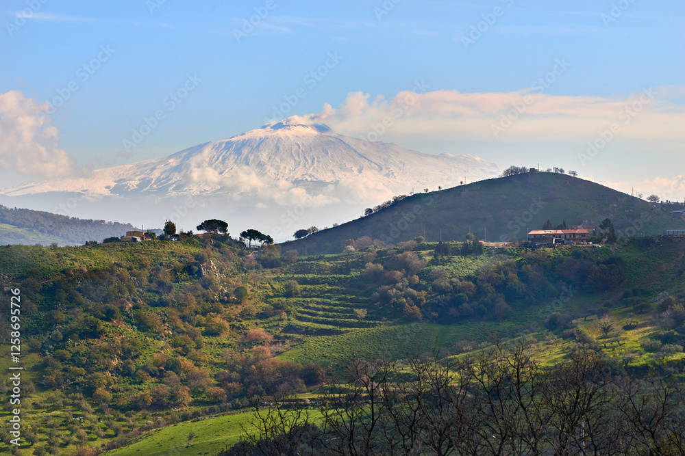 Obraz premium the Etna volcano in the background and the valleys of Central Sicily near Agira, Enna.