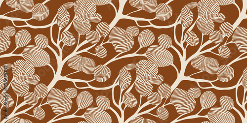 Vector seamless pattern with tree silhouettes, branches, seaweeds. Abstract botanical ornament. Simple linear doodle style background. Brown and beige organic texture. Repeated design for decor, print