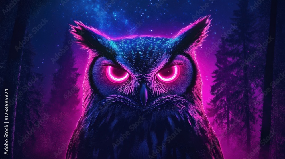 Fototapeta premium Majestic owl with glowing eyes in a mystical forest under starry night sky. Generative AI