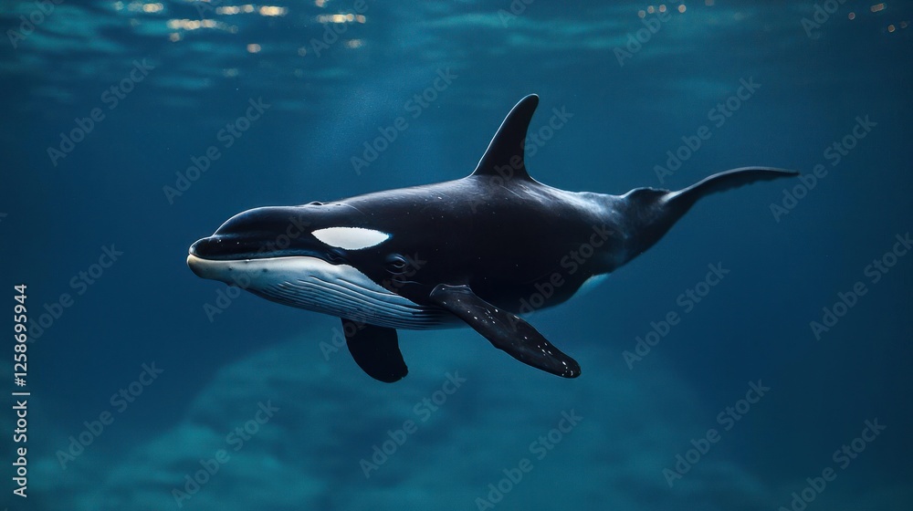 Fototapeta premium Orca Swimming Underwater In Dark Blue Water