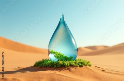 A drop of water over dry cracked soil. The concept of caring for the environment, water against drought, purity of natural resources and subsoil, saving the planet Earth