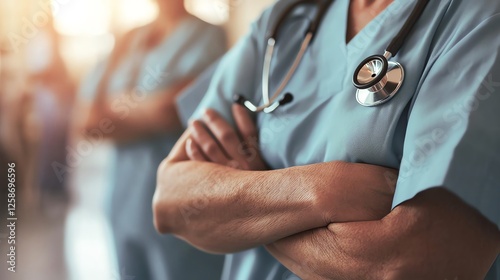 A confident healthcare professional standing with crossed arms in a clinical setting.