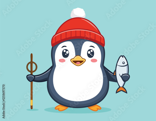 A penguin animal with a small cute fish vector.