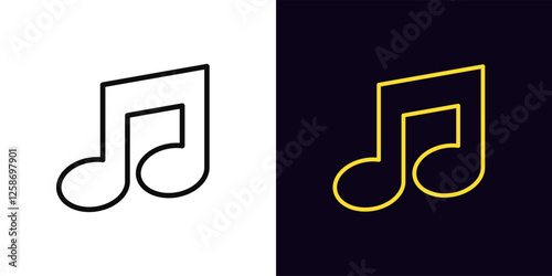 Outline musical note icon, with editable stroke. Music note shape, outline golden silhouette. Melody sound, music festival, audio podcast record, musical game show, karaoke, disco party. Vector icon
