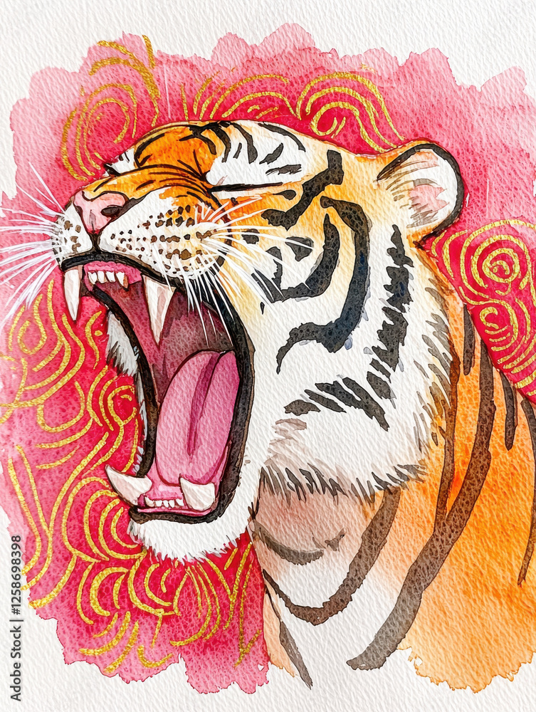 Obraz premium Roaring tiger watercolor with vibrant red and gold accents