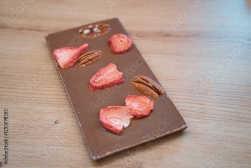 A handcrafted milk chocolate bar adorned with freeze-dried strawberries and buttery pecans. The rich chocolate base contrasts with the crisp texture of the fruit and nuts, creating a visually appealin photo