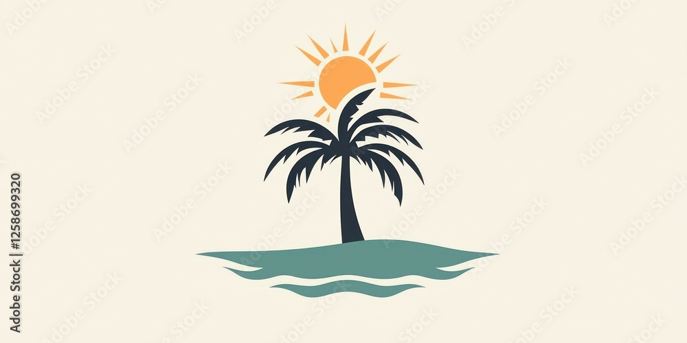 Fototapeta premium A minimalist logo featuring a palm tree and sun in clean, modern design.