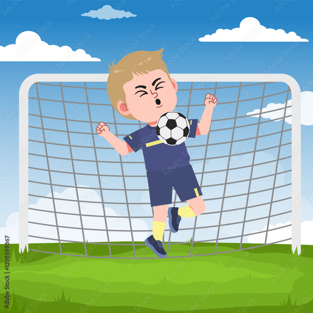 Fototapeta premium Cute American Boy with Blond Hair cartoon Playing Football
