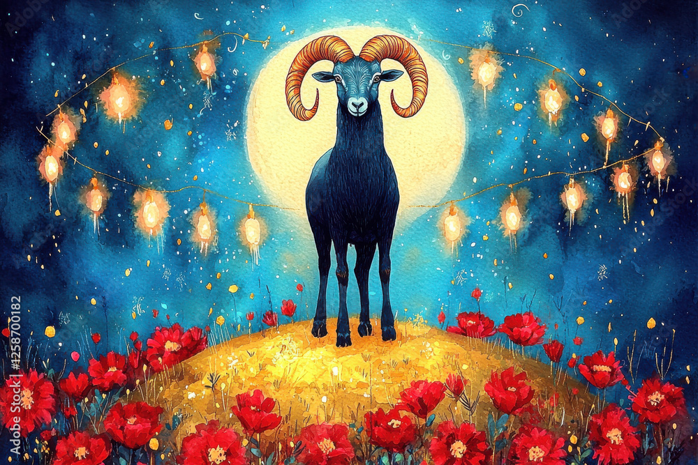 Fototapeta premium goat zodiac stands gracefully under glowing moon