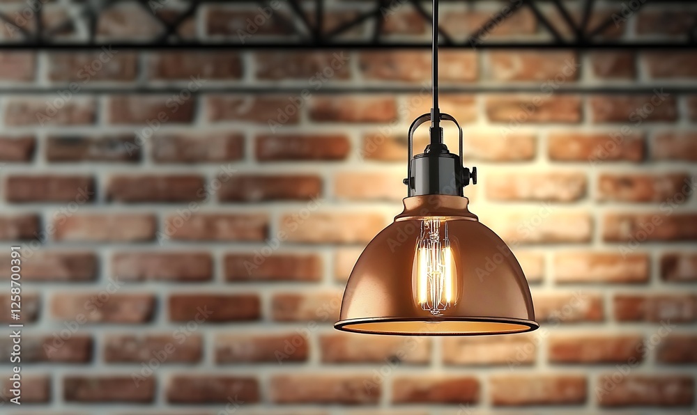 Obraz premium A stylish hanging light fixture against a brick wall, providing warm illumination. Decorative and architectural details