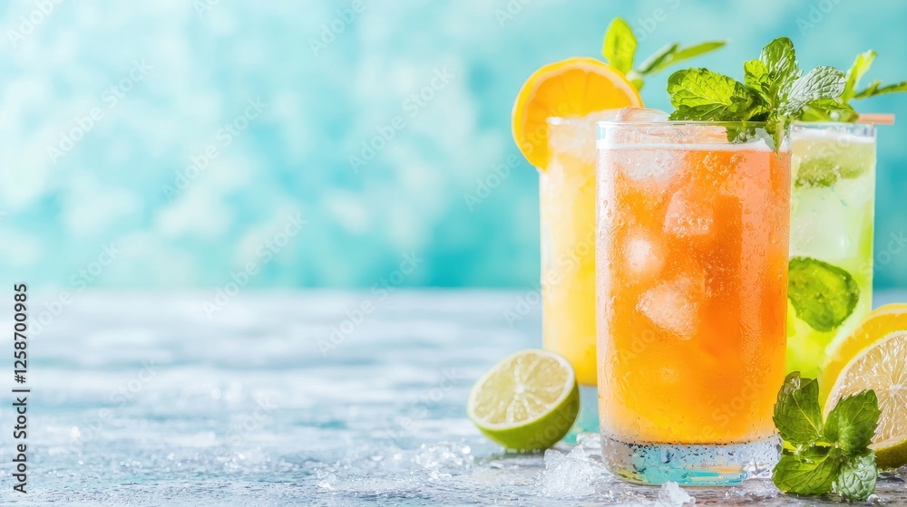 Fototapeta premium Refreshing summer citrus drinks on table