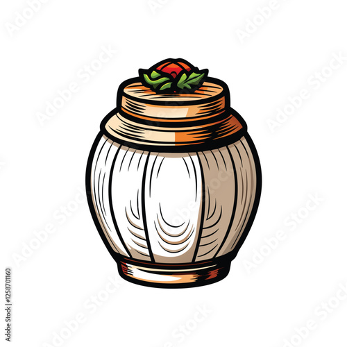 Design a vector icon depicting a traditional Korean kimchi jar, emphasizing its earthenware texture and curved shape. Include a subtle kimchi visual inside.