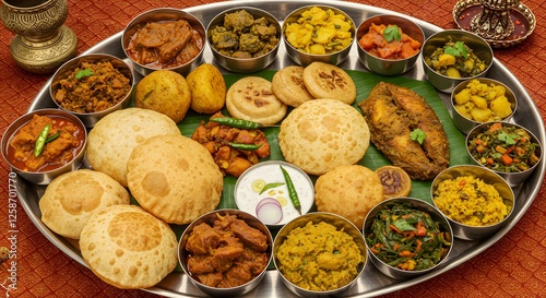 Indian Thali Featuring Various Dishes on a Plate for Meal photo
