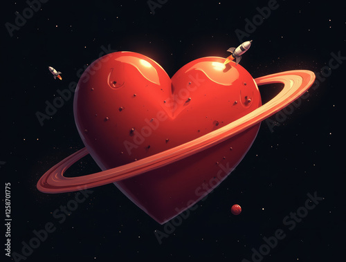 Red Heart Floating in Space Like a Planet with Rockets and Satellites
