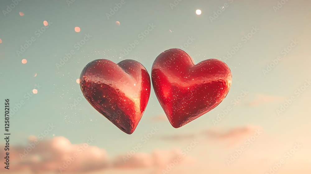 Obraz premium Two sparkling hearts floating in the sky, symbolizing love and unity.