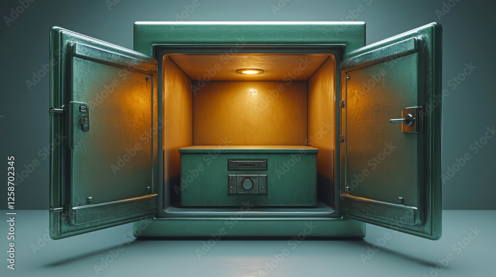 Open safe reveals clean metallic interior with soft illumination highlighting the empty space and sleek design Open safe reveals clean metallic interior with soft illumination highlighting the empty space and sleek design