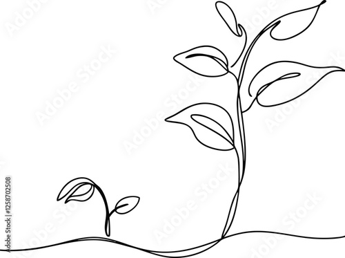 Oneline drawing, plant growth, seedling, sprout, leaves, nature, continuous line art, simple, minima