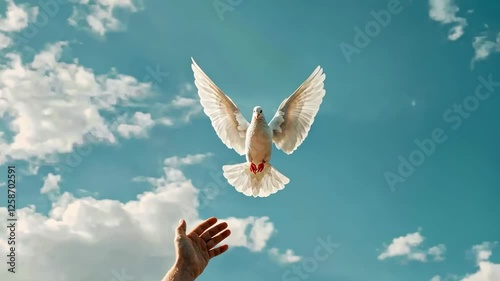 A hand releases a dove into a blue sky, captured from a low-angle, symbolizing freedom. The video style evokes peace and liberation.