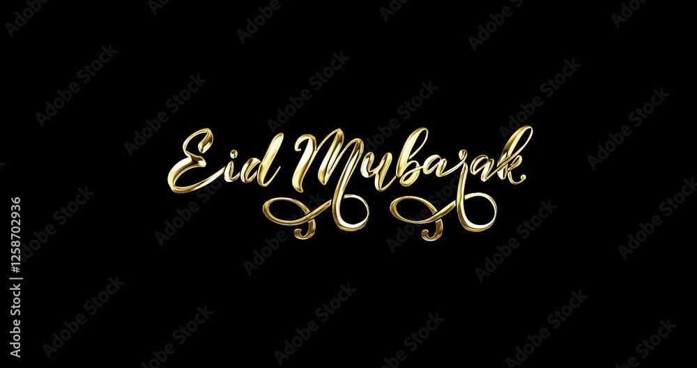 Eid Mubarak text animation featuring elegant luxury calligraphy with alpha channel in 5 clip. The shimmering metallic effect and smooth motion create a luxurious, festive, and celebratory