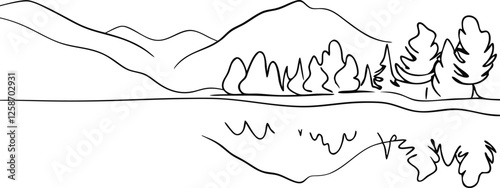 Simple Line Drawing Lake, Mountain, Trees, Reflection, Sketch