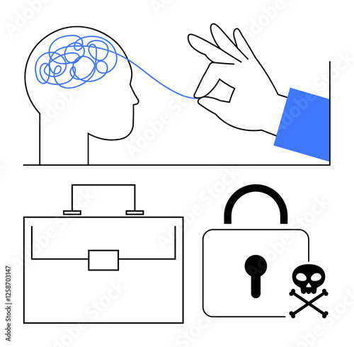 Hand untangling brain, surrounded by briefcase, padlock, and skull. Ideal for problem-solving, mental health, clarity, decision-making security risk management conceptual thinking. Abstract line
