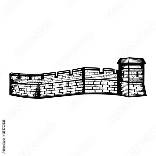 Create a detailed vector illustration of a section of a Korean fortress wall, showcasing its stonework, texture, and architectural details.  Include crenellations and a sense of age and history.