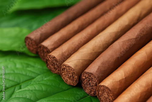 Closeup of Cigars on Fresh Green Tobacco Leaves in Natural Light photo