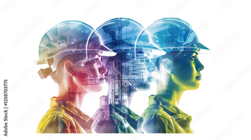 Obraz premium construction workers wearing hard hats and one woman