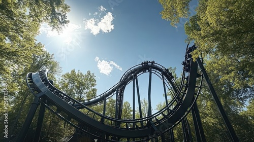 Thrill Ride Adventure: Roller Coaster Ascending Amidst Lush Green Trees