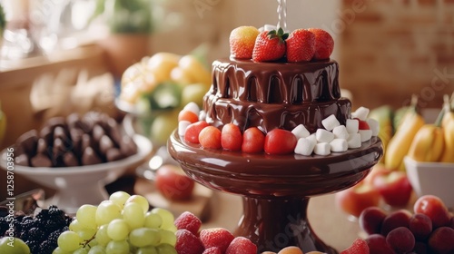 Chocolate fountain with fruit, dessert buffet photo