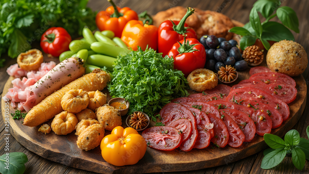 Vibrant plant-based foods displayed. Colorful fruits and vegetables arrangement. Artistic wooden table presentation. Ultra-realistic healthy food ideas. Vibrant plant-based foods displayed. Colorful fruits and vegetables arrangement. Artistic wooden table presentation. Ultra-realistic healthy food ideas.
