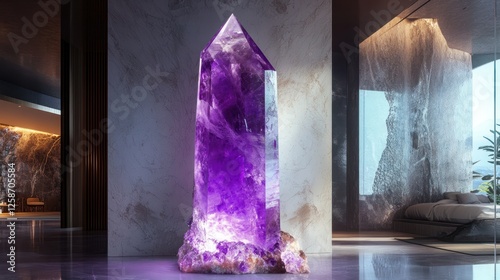 Purple crystal obelisk in modern interior photo