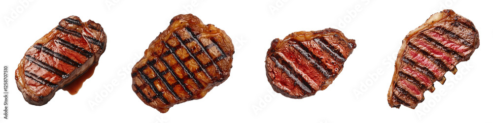Grilled steaks arranged on a black background.