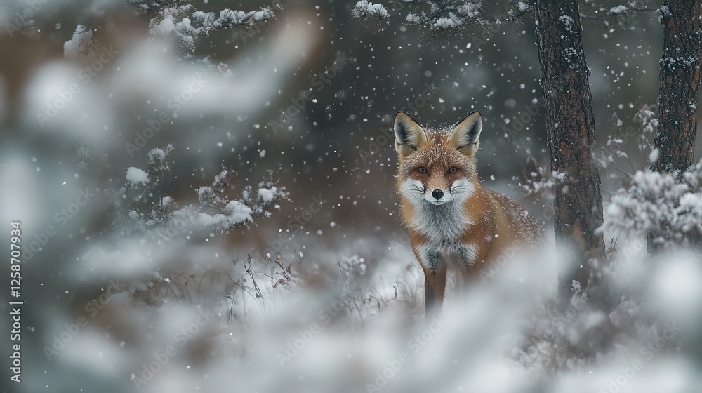 Obraz premium Red Fox Standing in Snowy Winter Woods