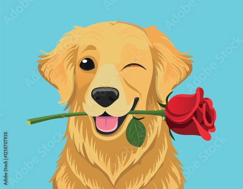 golden retriever dog with a read flower simple design.