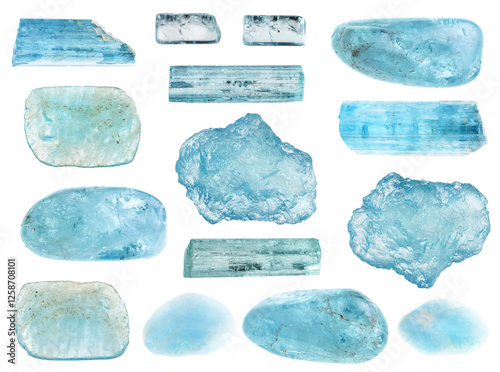 natural specimens of uncut aquamarine rocks cutout photo