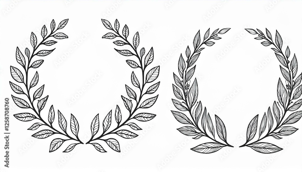 Fototapeta premium Leaf branch wreath rustic set. Hand drawn sketch doodle style leaf. Flourish branch, laurel flower for border, divider design element. perfect any project.