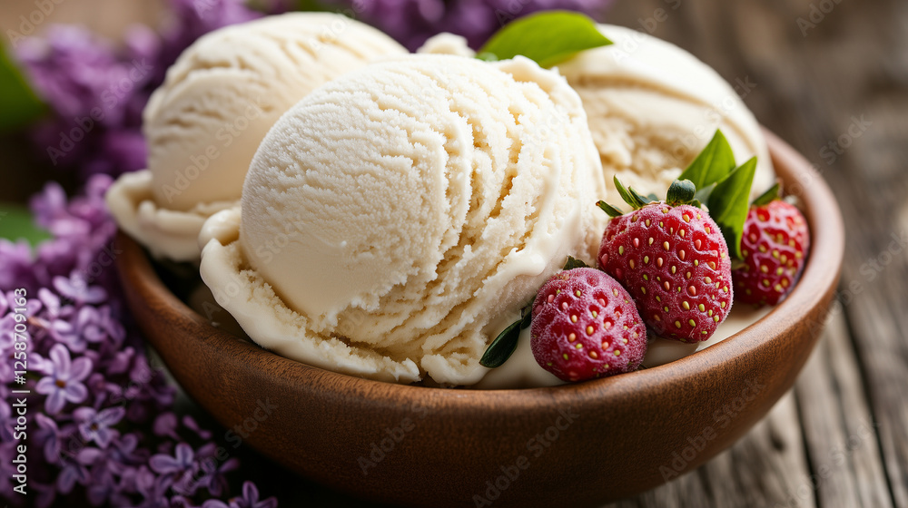 High-Protein Vanilla Ice Cream with Lilac Flowers and Strawberries High-Protein Vanilla Ice Cream with Lilac Flowers and Strawberries