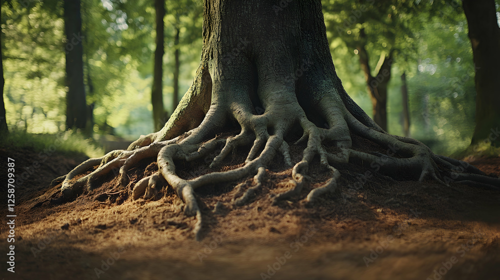 A close-up of an old tree gnarled roots intertwining in rich forest soil A close-up of an old tree gnarled roots intertwining in rich forest soil
