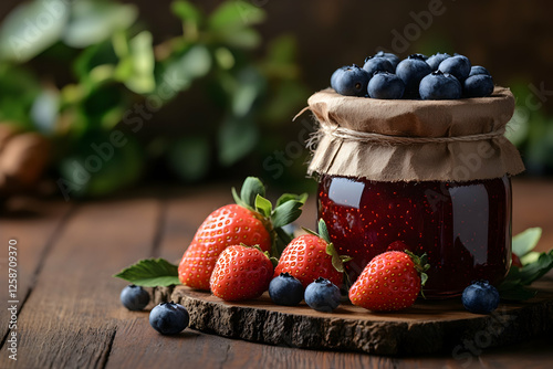 Homemade strawberry blueberry jam in glass jar on wooden table photo