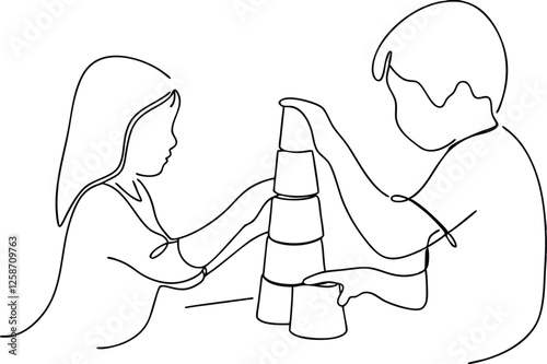 Children Playing Stacking Cups Cooperative Childhood Fun Game Simple Line Art Drawing