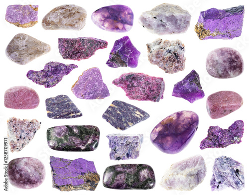 natural specimens of uncut purple rocks cutout