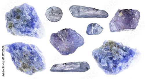 natural specimens of uncut tanzanite rocks cutout