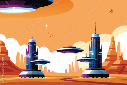 Futuristic Mars colony with high-rise buildings and several alien spacecraft docked, showcasing advanced technology and colonization.