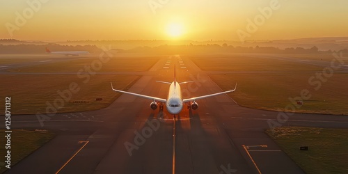An aerial view of an EasyJet plane taxiing on a runway at sunrise.