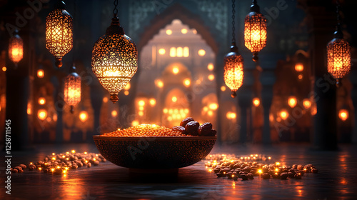 Illuminated bowl of dates and grains in a Moroccan-style marketplace. Possible use Stock photo for Ramadan or Eid photo