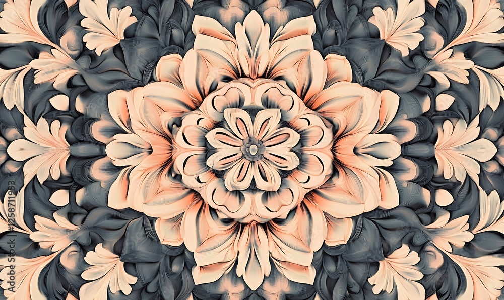 Fototapeta premium Intricate floral mandala design with symmetrical patterns and soft color contrasts creating a soothing visual effect.